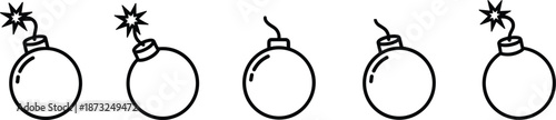 Minimalist line art collection of classic spherical bombs featuring variations of lit sparking fuses and unlit fuses for hazard warning and comic-style vector design.