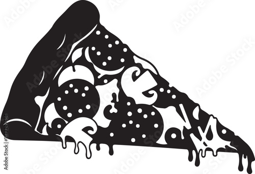 Slice of pizza with melted cheese and toppings on transparent background