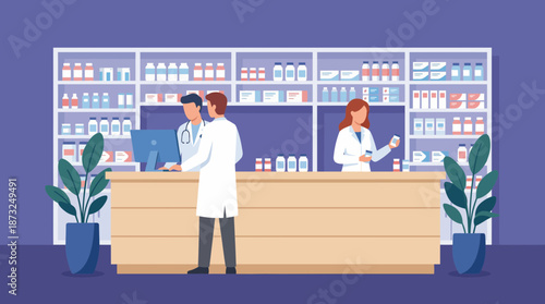 Pharmacists working behind a counter stocked with medications in a flat vector drugstore illustration, concept for medical consultation, pharmaceutical marketing and drug retail operations
