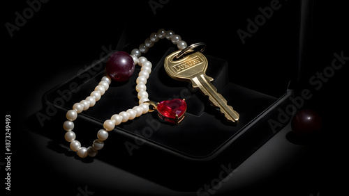 Luxury jewelry and key displayed on black velvet surface with red gemstone