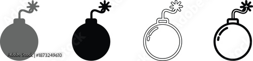 Set of classic spherical bomb icons in grayscale, solid silhouette, and minimalist outline styles with sparking lit fuses for hazard and comic vector design.