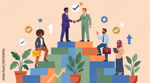 Diverse professional team climbing success steps with executives shaking hands, representing career growth, concept for career development, business collaboration and leadership presentation
