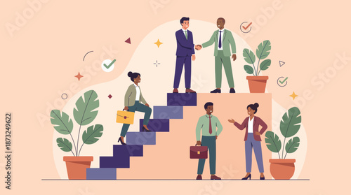 Diverse business managers climbing success stairs while two executives shake hands at the peak, concept for career development, corporate achievement and leadership synergy
