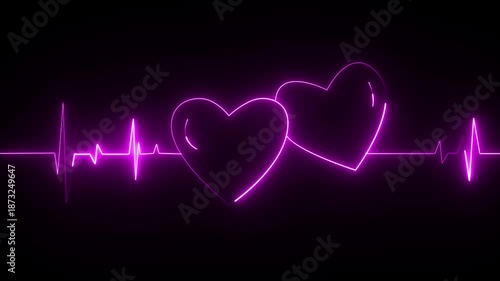 neon heartbeat on a black background, featuring two heart shapes. It displays a vibrant, glowing magenta or purple line that mimics an electrocardiogram (ECG) or EKG signal. 