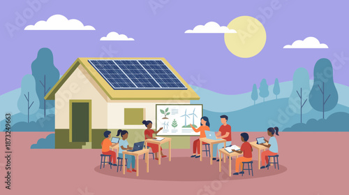 Diverse students and educators train outside on renewable energy sustainability, next to a solar-paneled house, concept for eco education, corporate ESG strategy and technology initiatives