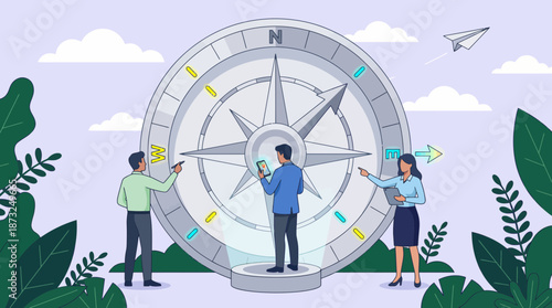 Corporate executives stand near a huge compass searching for strategic business direction and location guidance outdoors, concept for corporate growth, market strategy planning and leadership guidance