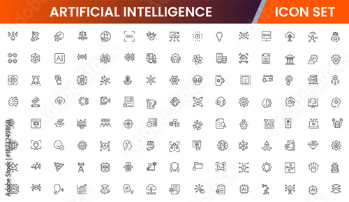 Artificial intelligence icons depicting machine learning, neural networks, automation, robots, data analysis, algorithms, technology, smart systems, AI applications, computing, intelligence