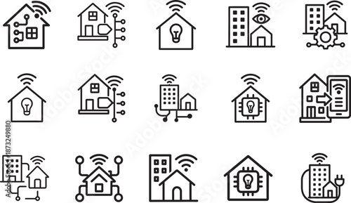 Smart home building outline icon set for automation, IoT control, security, energy management, and modern living UI.
