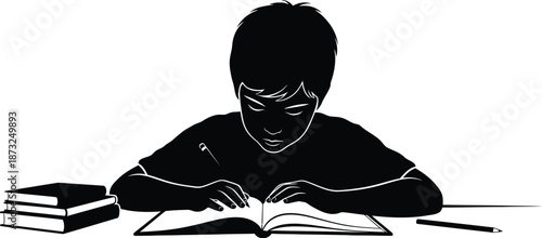 Silhouette illustration depicting a young student diligently reading a textbook or writing in a notebook while studying intensely at a desk for education purposes