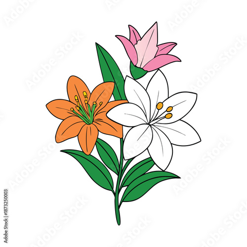 Bright alstroemeria and elegant lilies bloom together, their vibrant petals and graceful shapes creating a cheerful, fragrant floral display full of charm and beauty.
