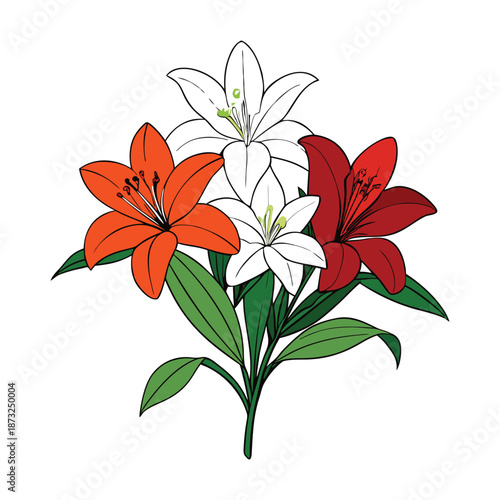 Bright alstroemeria and elegant lilies bloom together, their vibrant petals and graceful shapes creating a cheerful, fragrant floral display full of charm and beauty.
