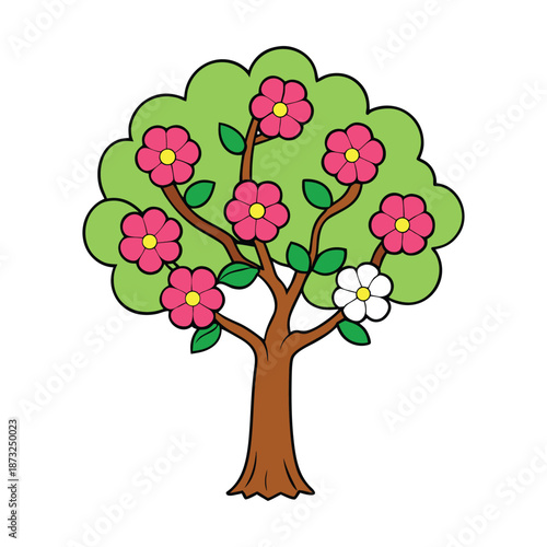 An apple tree bursts into bloom, branches dusted with soft pink and white flowers, humming with spring life, fresh air, and the promise of crisp fruit ahead.
