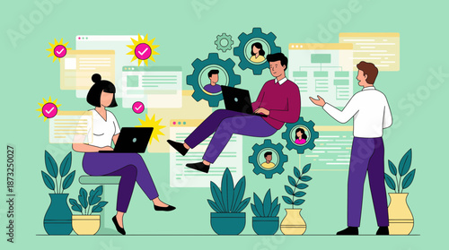 Female programmer and male developer work with a project manager on digital workflow tasks, surrounded by plants and systems, concept for HR management, optimization and collaboration