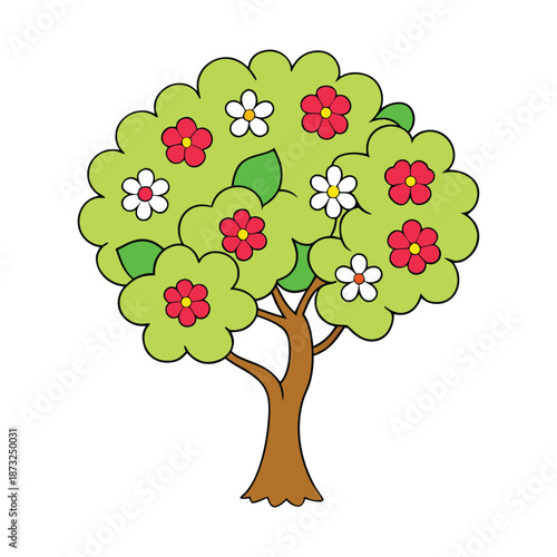 An apple tree bursts into bloom, branches dusted with soft pink and white flowers, humming with spring life, fresh air, and the promise of crisp fruit ahead.
