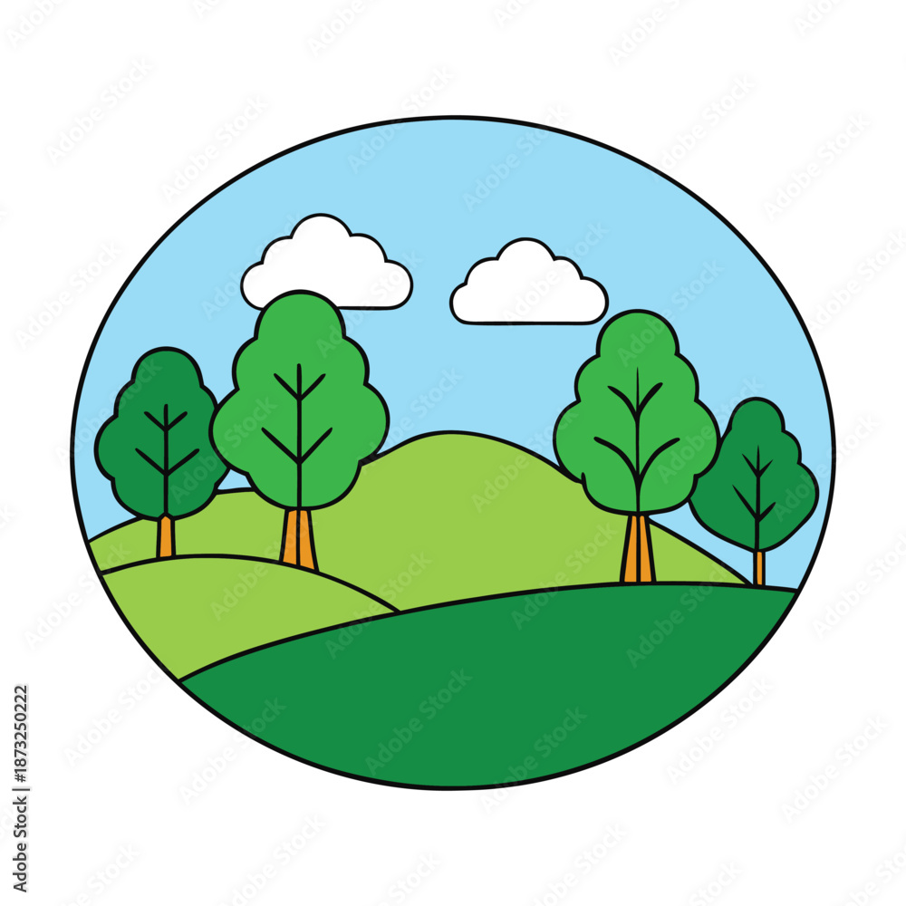 Obraz premium A peaceful nature scene with lush green trees scattered across rolling hills under a bright sky, evoking calm, serenity, and the beauty of the outdoors. 