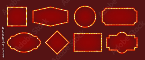 Set of circus marquee frames with glowing bulbs in retro style for posters, tickets and banners. Vector illustration