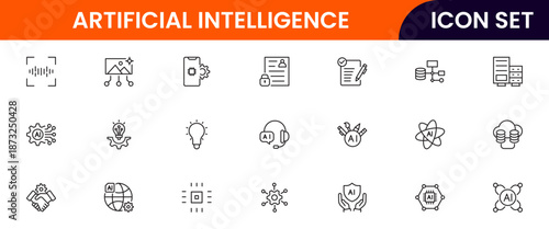 Artificial intelligence icons depicting machine learning, neural networks, automation, robots, data analysis, algorithms, technology, smart systems, AI applications, computing, intelligence