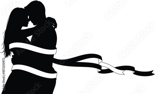 A romantic couple embracing in a tender moment with ribbons flowing around them