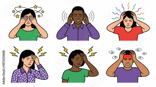 Diverse people show different types of headache symptoms including migraine, dizziness and intense throbbing pain, concept for health literature, medical applications and stress management visuals