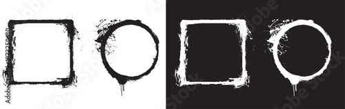 Grunge frame shape set with rough square and circle outlines. Distressed paint textures create bold abstract borders for posters, banners, and social media designs. High contrast black and white frame