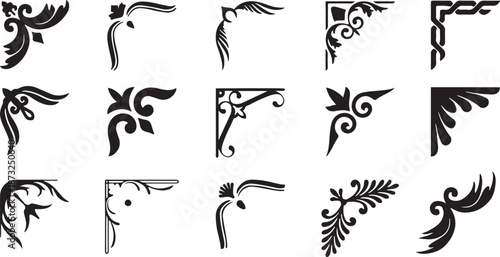 Ornamental corner flourish icon set with elegant vintage swirls. Decorative black filigree elements frame designs for invitations, borders, and branding. Classic scroll motifs add luxury detail 