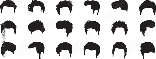Male hairstyle silhouette icon set with modern hair shapes. Black head hair styles show trendy cuts and profiles for barbershop branding and character design. Clean minimalist symbols ideal for UI
