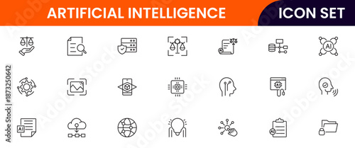 Artificial intelligence icons depicting machine learning, neural networks, automation, robots, data analysis, algorithms, technology, smart systems, AI applications, computing, intelligence