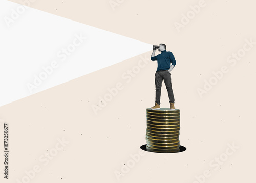 Art collage. businessman with binoculars standing on the stack of coins where to look. Business finance analytics and strategic. Find a way.