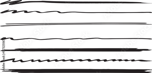 Hand drawn line texture set with sketchy strokes and rough edges. Abstract ink lines create minimalist dividers, underlines, and borders for modern design layouts. Organic black strokes add artistic 