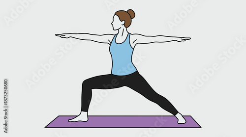 Flat illustration of a woman doing the Warrior Two yoga pose on a purple mat, concept for fitness training programs, mental health applications and wellness blog graphics