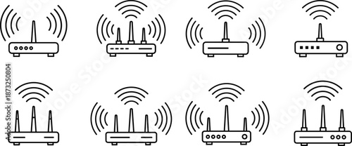 WiFi, router, icon, set, wireless, network, internet, signal, technology, device, line, art, black, white, outline, cad, drawing, flat, vector, illustration