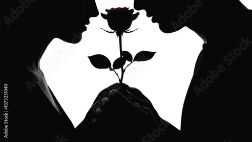A romantic couple in silhouette holding a rose together in love