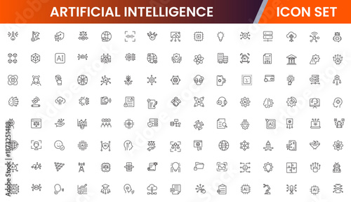Artificial intelligence icons depicting machine learning, neural networks, automation, robots, data analysis, algorithms, technology, smart systems, AI applications, computing, intelligence