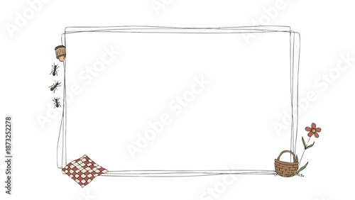 Hand Drawn Picnic Frame with Basket and Flower.