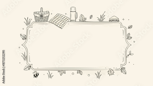 Hand Drawn Picnic Frame with Basket and Thermos.