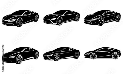Five Black Luxury Sports Cars Silhouettes on White Background car silhouettes five cars