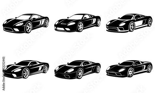 Five Black Sports Cars Silhouettes on White Background 1
