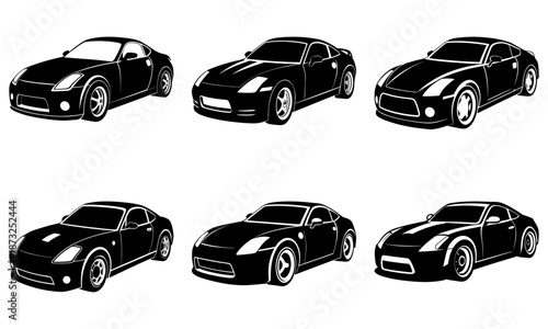 Six Black Sports Cars Silhouettes on White Background 2