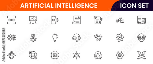 Artificial intelligence icons depicting machine learning, neural networks, automation, robots, data analysis, algorithms, technology, smart systems, AI applications, computing, intelligence