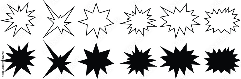 Fototapeta premium Starburst splash icons set in outline style for comic burst and speech highlights vector Illustration on transparent background.