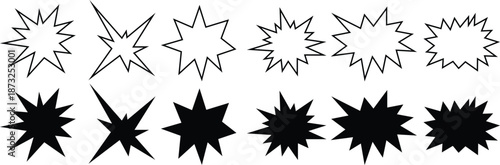 Starburst splash icons set in outline style for comic burst and speech highlights vector Illustration on transparent background.