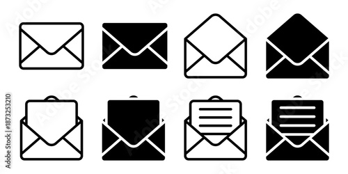 Envelope icon set. A set of simple line art icons depicting envelopes in various stages: closed, open, and containing a message. Ideal for illustrating communication, email, and correspondence.