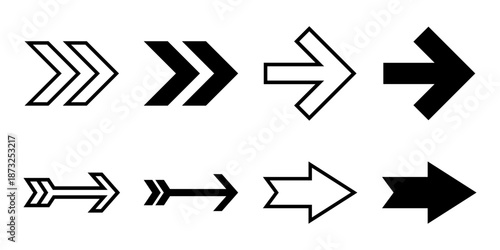 Arrows icon set. A set of eight different simple black and white arrow shapes pointing to the right direction, isolated on white background. Design elements and direction indicators for web.