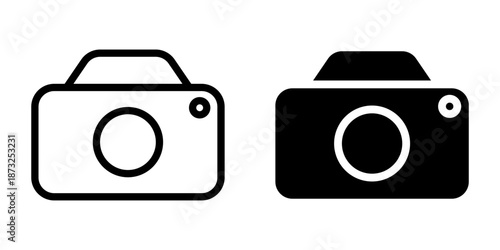 Camera Photo icon set. Minimalist style icon of a camera. The image features both an outline version and a solid black version for versatile use in various design projects.