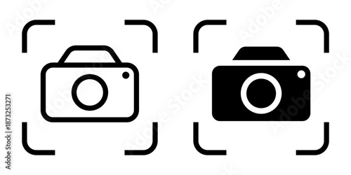 Capture icon set. Simple outline icon of a camera inside focus frame. Suitable for icon, symbol, sign, illustration, element, artwork and graphic design assets.