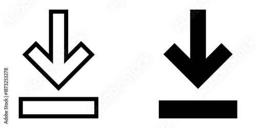 Download icon set. A minimalist style download icon with an arrow pointing downward above a bar. Available in both outline and filled versions. Represents downloading, receiving, or saving data.