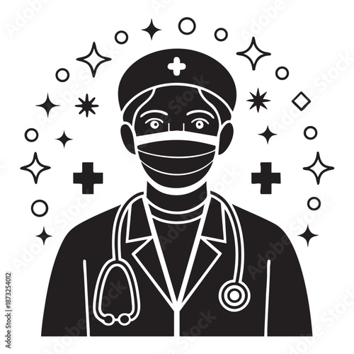 Doctor wearing mask and stethoscope with sparkles vector