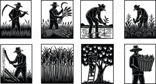 Farmer silhouette set showing traditional agricultural work including harvesting, planting, inspecting, and gathering crops in black vector panels.