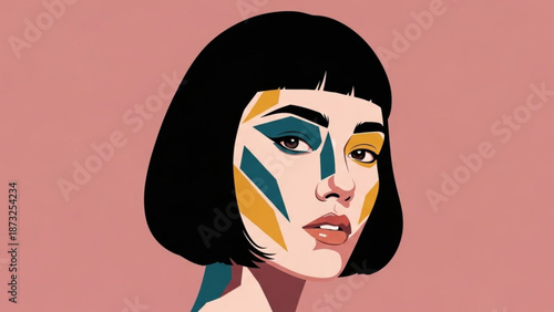 Vibrant illustration of a woman with bold makeup and short black hair on a salmon pink background with artistic blue and yellow facial designs