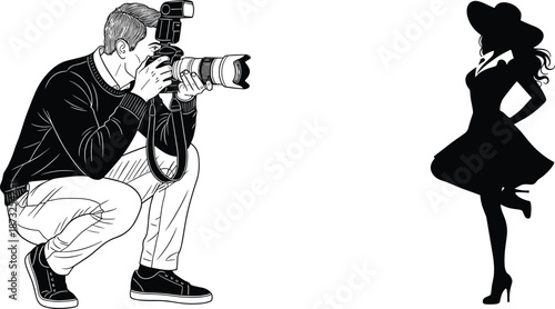 Fashion Photography Silhouette Vector of Photographer and Model for Editorial Shoots, Creative Projects, Studio Scenes, and Design Use